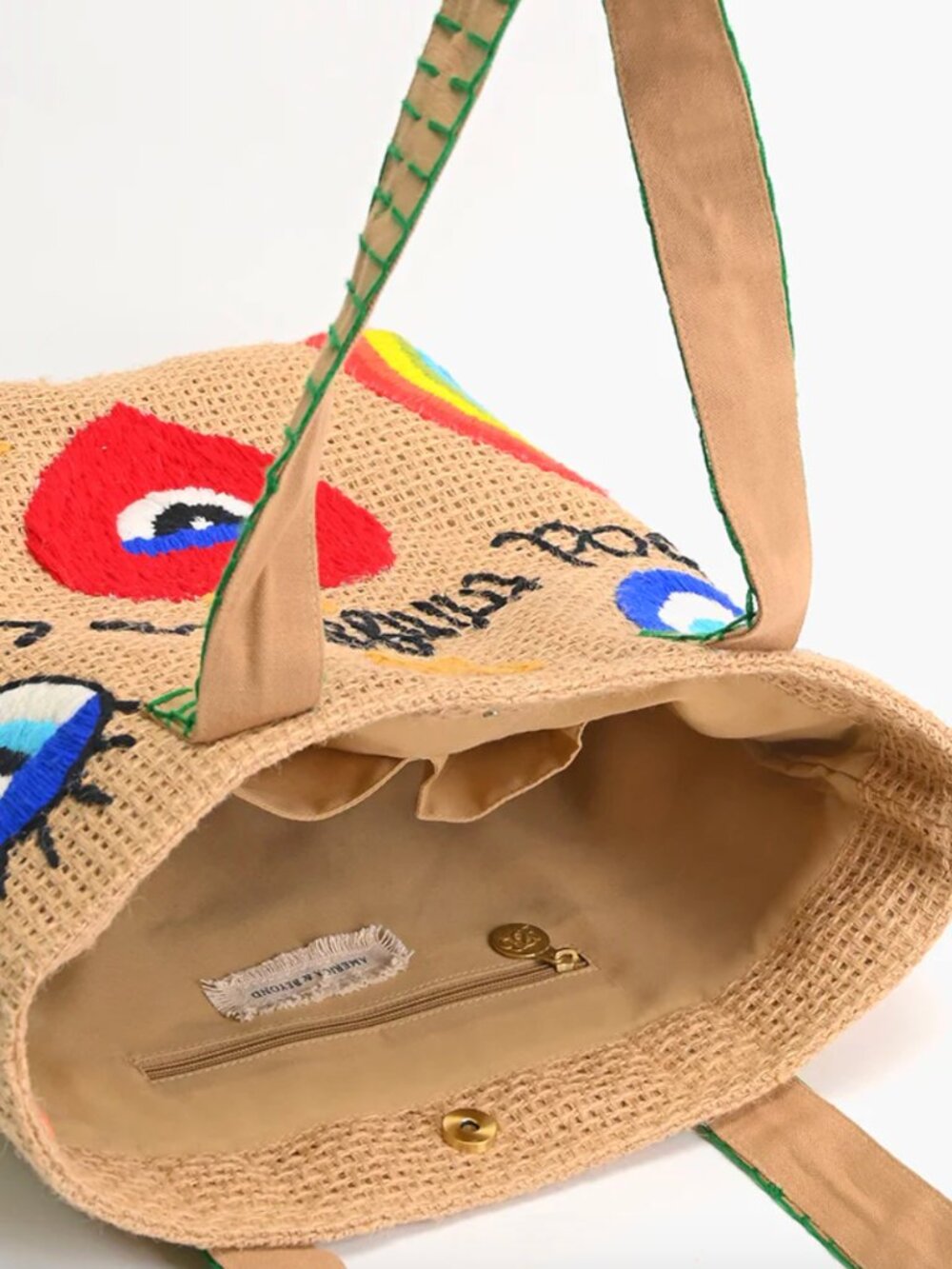 America & Beyond Good Things Are Coming Embroidered Jute Tote Handbag NWT - Picture 5 of 6
